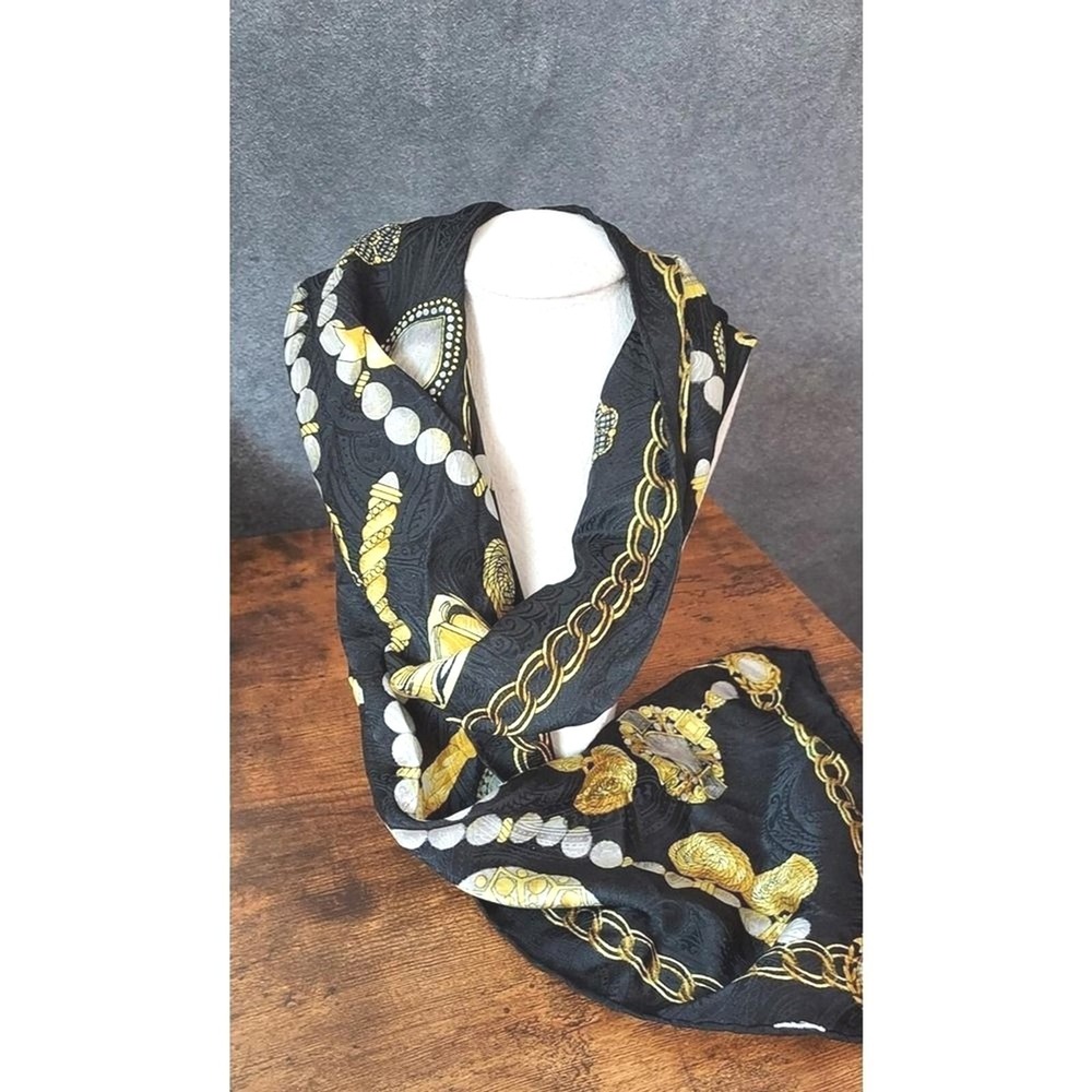 Alfred Sung Scarf Womens Black Gold Chain Pearl Heart Perfume Luxury Baroque‎